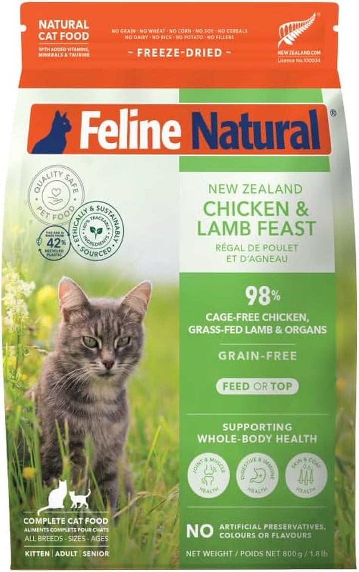 High Protein Dry Cat Food, Freeze-Dried Diet with 98% Meat, Organs & Seafood, No Peas, Grains, or Artificial Additives, Made in New Zealand, Chicken & Lamb, 11Oz