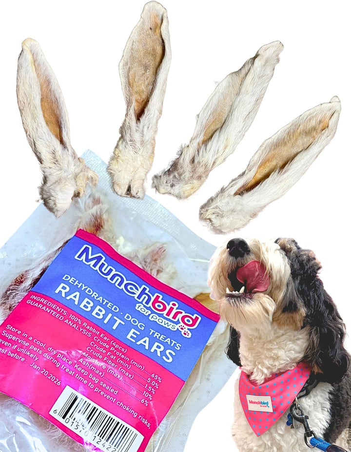 Dehydrated Rabbit Ears 100G (3.5 Oz) 12-15 Pcs for Dogs, European Furry Rabbit Ear Natural Fiber for Pets, Rawhide Free Alternative to Pig Ears Dog Treats, Ear Size Varies