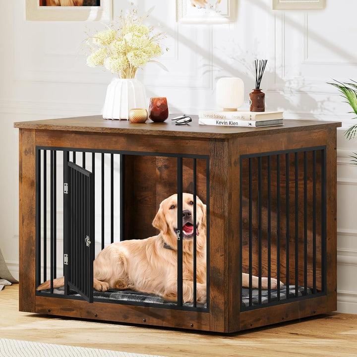 27.2" L Dog Crate Furniture for Medium Dogs, 2-In-1 Iron-Wood Fusion Dog Cage Indoor up to 30 Lb, Side End Table, Modern Dogs Kennel with Waterproof Top, Safety Corners,Steel Lock,Rustic