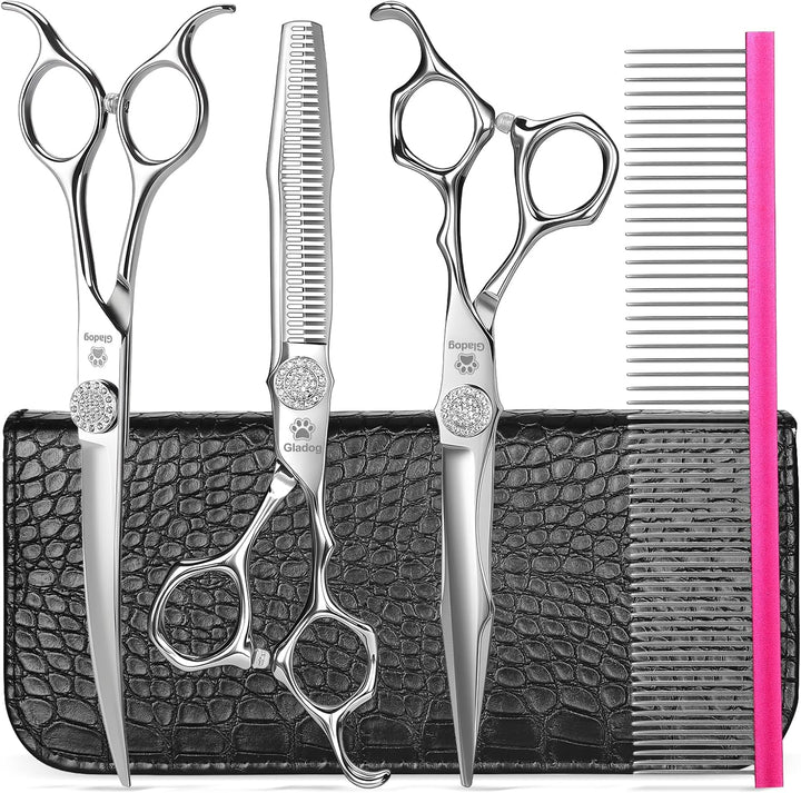 Professional 5 in 1 Dog Grooming Scissors Set with Safety round Tips, Sharp and Heavy-Duty Pet Grooming Shears for Cats