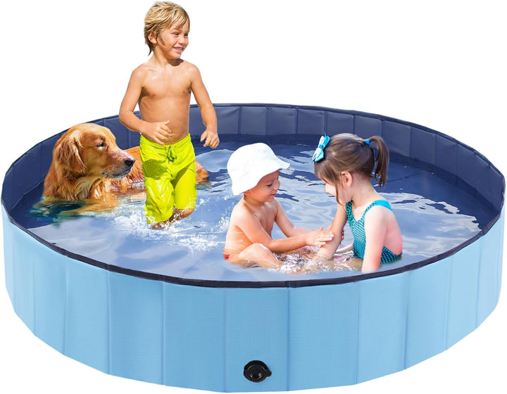 Foldable Dog Pool, Portable Pet Bath Tub and Kiddie Swimming Pool, Collapsible Bathtub for Puppies, Small, Medium and Large Dogs, Cats and Kids, 32 X 8 In, Blue