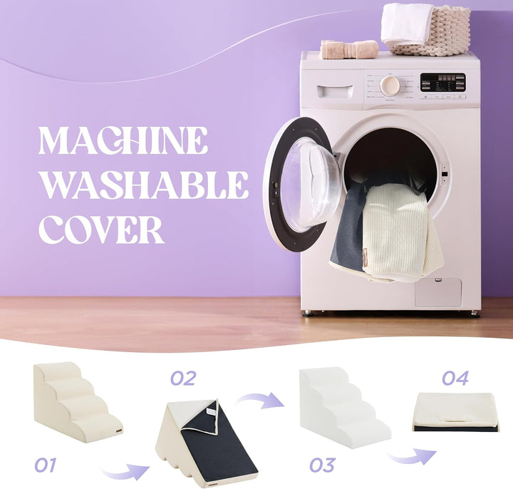 Dog Stairs for Large Dogs Pet Steps Ramp for High Bed and Couch with Certipur-Us Certified Foam with Non-Slip Bottom, Beige, 4 Steps