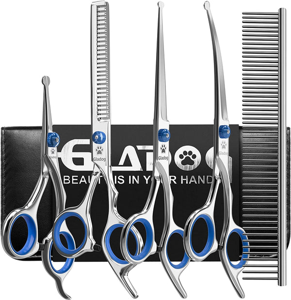 Dog Grooming Scissors Kit with Safety round Tips,  Professional 6 in 1 Grooming Scissors for Dogs, Sharp and Heavy-Duty Dog Grooming Shears for Dogs Cats Pets
