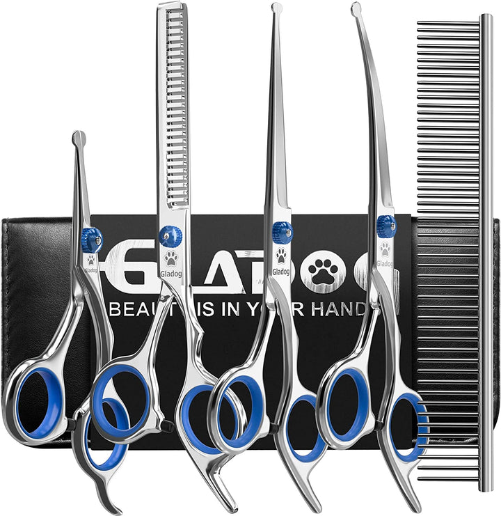 Dog Grooming Scissors Kit with Safety round Tips,  Professional 6 in 1 Grooming Scissors for Dogs, Sharp and Heavy-Duty Dog Grooming Shears for Dogs Cats Pets