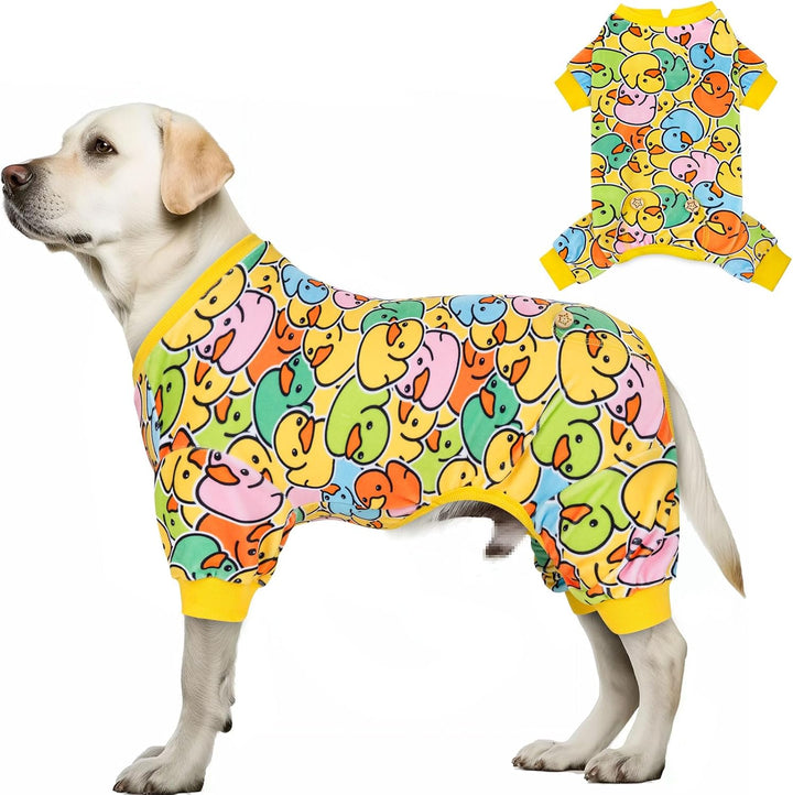 Dog Pajamas Velvet Dog Pajamas Large Sized Dogs Soft Dogs Clothes Pjs with Yellow Ducks Pattern Stretchy Pet Jammies Coat Comfy Pet Onesie Costume, 3X-Large