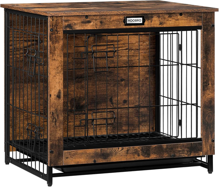 Dog Crate Furniture, 38.6" Large Dog Kennel Indoor, Wooden Cage with Pull-Out Tray, Double Doors Pet House Side End Table for Large/Medium/Small Dogs, Rustic Brown BF982GW03G1