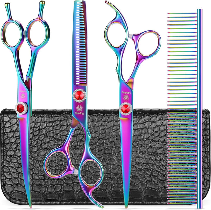 Professional 5 in 1 Dog Grooming Scissors Set with Safety round Tips, Sharp and Heavy-Duty Pet Grooming Shears for Cats