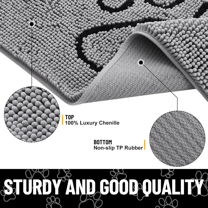 Dog Door Mat for Muddy Paws, Absorbent Dirt Trapper Non Slip Quick Dry Washable Chenille Mat for Mud Dogs, Entry Rug for Indoor and Outdoor (30X20 Inches, Grey)
