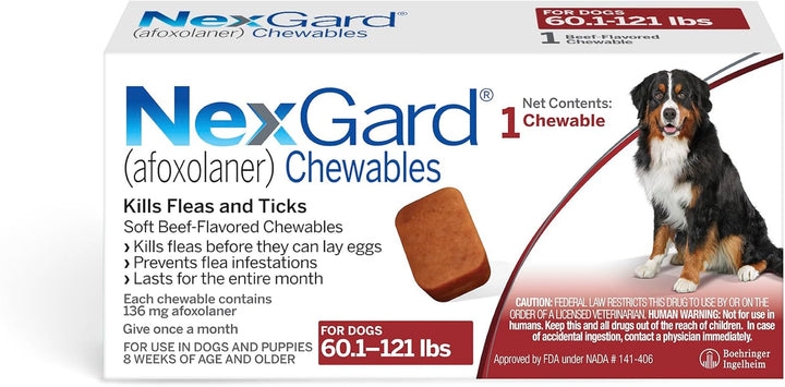 ® (Afoxolaner) Flea and Tick Protection for Dogs Oral Soft Beef Flavored Chewables, 24.1 to 60 Lbs. (Purple Box) 6 Chews (6 Month Supply)