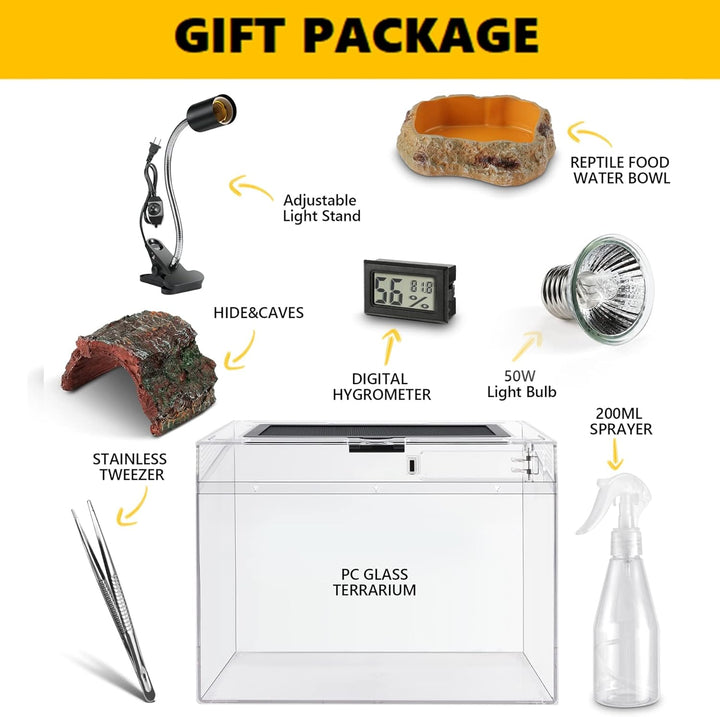 Reptile PC Terrarium,Anti Breakage 12X7X9 Inch Insect Amphibians Tank Spider Starter Kits,Top Sliding Door Screen Ventilation Mini Gecko Habitat Cages,Hygrometer Thermometer,Hide Cave,Tweezer,Sprayer