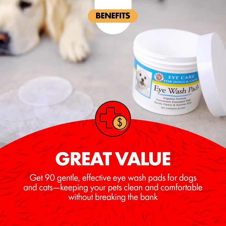 Eye Wash Pads for Dogs and Cats Made in USA, Soft Pet Wipes for Gently Cleaning Eyes, Sterile Cat and Dog Wipes Formulated to Remove Eye Debris, 90 Count