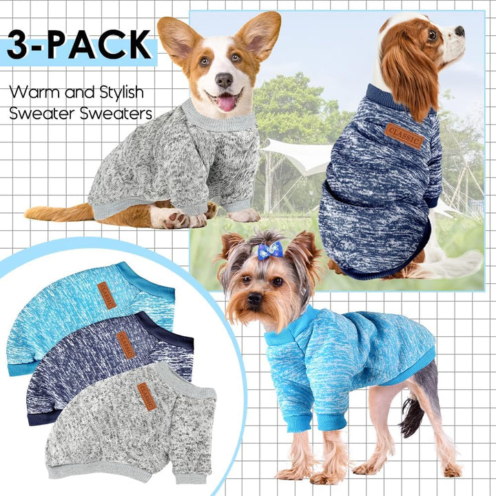 3 Pack Dog Sweaters for Small Dogs Girl Boy Winter Fleece Clothes Warm Soft Dog Sweatshirt Outfit for Dogs Cats Pet Apparel (Navy Blue+Grey+Light Blue, Medium)
