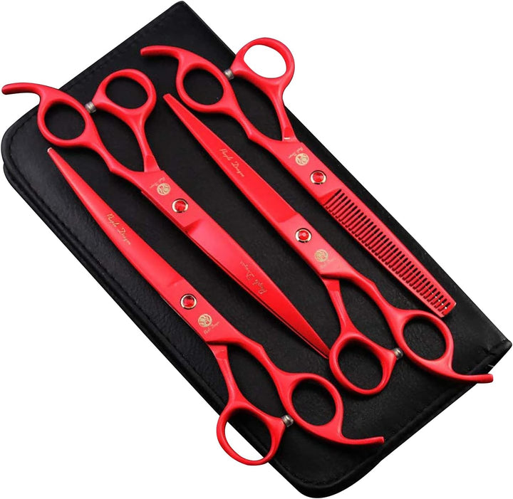 Professional 7.0 Inch 4PCS Pet Grooming Scissors Kit Japan Premium Steel Straight & Curved & Thinning Blade Dog Hair Cutting Shears Set with Case