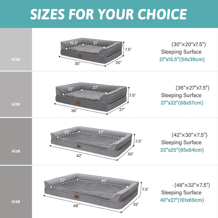 Orthopedic Dog Bed for Large Dog, XL Pet Couch for Extra Large Dog, Big Supportive Foam Bolster Sofa with Waterproof Lining Cover, Anti-Slip, Comfort, Washable, 42X30X7.5 In, U-Shaped, Grey