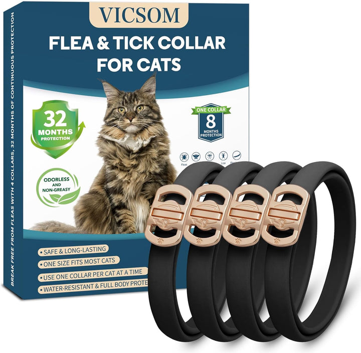 Flea and Tick Collar for Cats - 4 Pack, 32 Month Protection Treatment, Waterproof, Natural Prevention, Adjustable for Cats & Kittens (Black Grey)