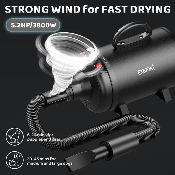Dog-Hair-Dryer, 5.2HP/ 3800W High Velocity Pet Blow Dryer with Heater for Grooming, Speed Temperature Adjustable Dog Blower Grooming Dryer with 4 Nozzles
