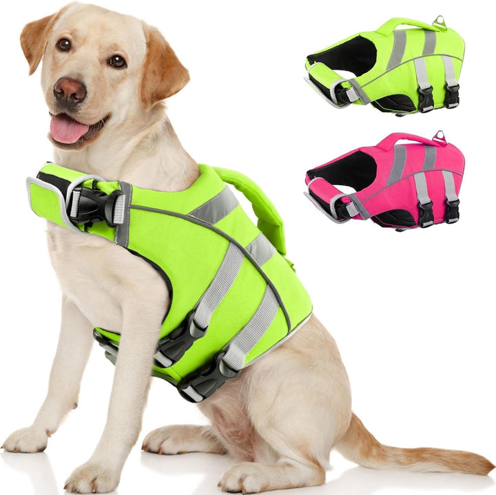 Dog Life Jacket with Reflective Stripes - Adjustable High Visibility Vest, Ripstop Lifesaver, Pet Preserver with High Flotation Swimsuit for Small, Medium and Large Dogs