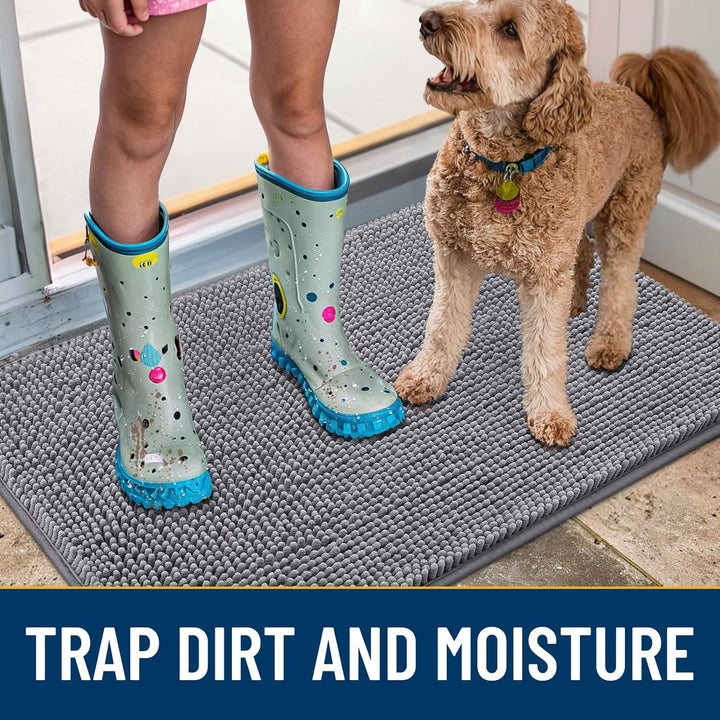 Dog Door Mat for Muddy Paws 30X20, Absorbs Moisture and Dirt Doormat, Non-Slip Washable Quick Dry Chenille Front Door Mat Indoor Entrance, Entryway Carpet for inside Floor, Grey
