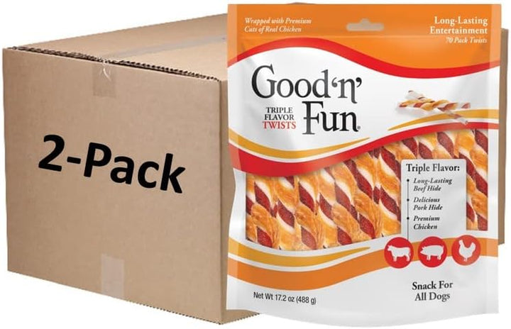 Good ‘N’ Fun Triple Flavor Twists for All Dogs, 70 Count, Treat Your Dog to Long-Lasting Chews Made with Beef Hide, Pork Hide and Chicken