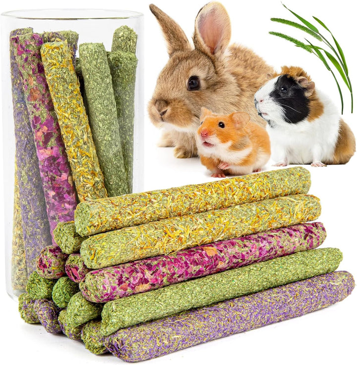 32Pcs Timothy Hay Sticks 320G for Rabbit, Guinea Pig, Hamster - Natural Handmade Treats and Chews for Teeth - Chinchilla, Rat, Gerbil Toys