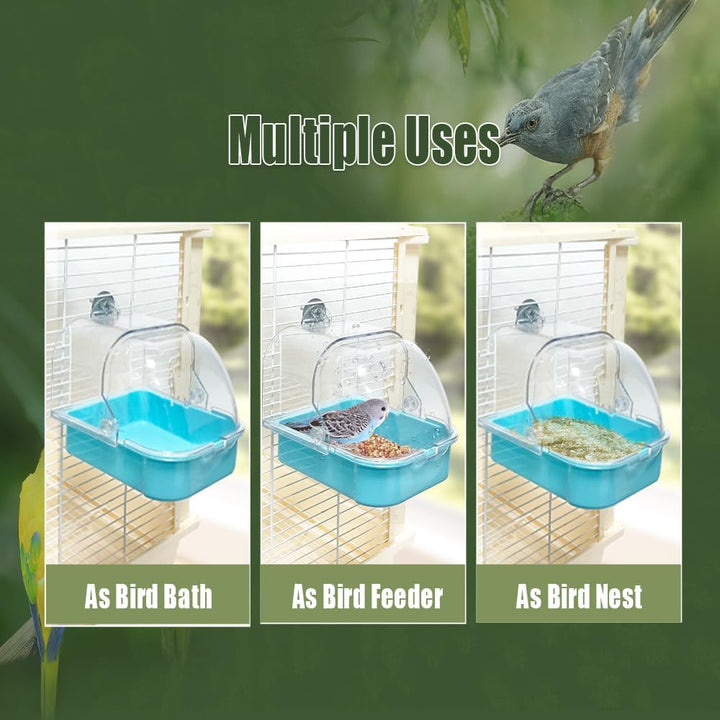 Bird Bath for Cage, Cleaning Pet Supplies Cockatiel Bird Bathtub with Hanging Hooks for Little Bird Parrots Spacious Parakeets Portable Shower for Most Birdcage(Blue)
