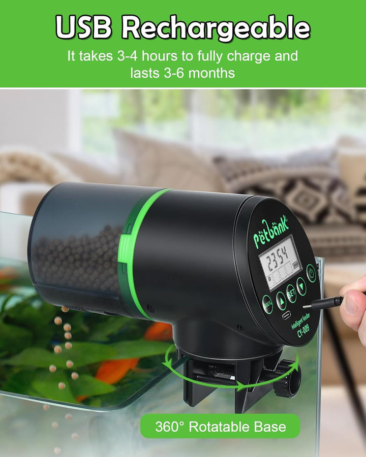 Automatic Fish Feeder for Aquarium - Rechargeable Fish Food Auto Dispenser Vacation Turtle Feeder with USB Charger Cable，Lcd Screen, Customized Schedule，Black