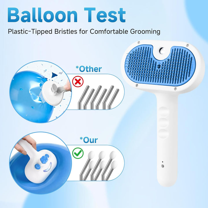 Pet Steam Brush for Dog & Cat - 3-In-1 Steam Grooming Brush for Shedding & Hair Removal - Self Cleaning Spray Comb with Mist for Long Haired Pets - Includes 1*Waterless Shampoo, Blue