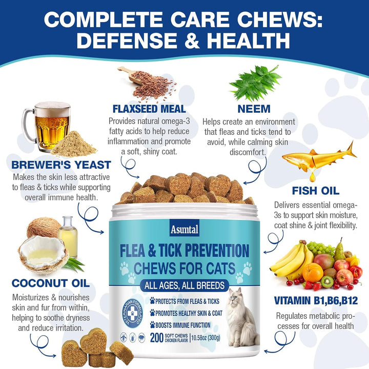 Flea and Tick Prevention for Cats Chewable, Natural Cat Flea Treatment, Oral Kitten Cat Flea & Tick Control, Flea Pills Supplement with Vitamins Support Immune, Skin & Coat, 200 Soft Chews (Chicken)