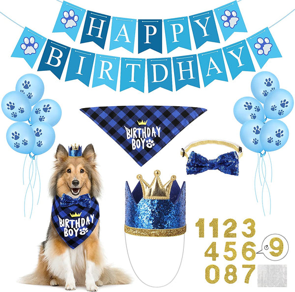 Dog Birthday Party Supplies, Dog Birthday Hat Bandana Scarf with Cute Bow Tie, Flag, Balloons for Small Medium Dogs Pets, Doggie Party Supplies Decorations