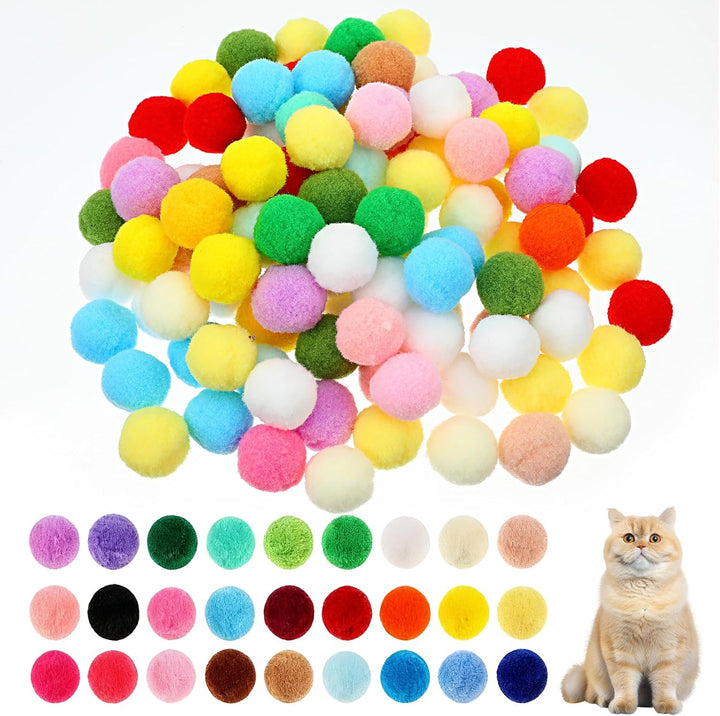 100 Pcs Cat Toy Balls, 1 Inch Soft Pom Pom Ball Plush Interactive Balls for Cat Fuzzy Kitten Interactive Playing Quiet Toy for Cats Pet