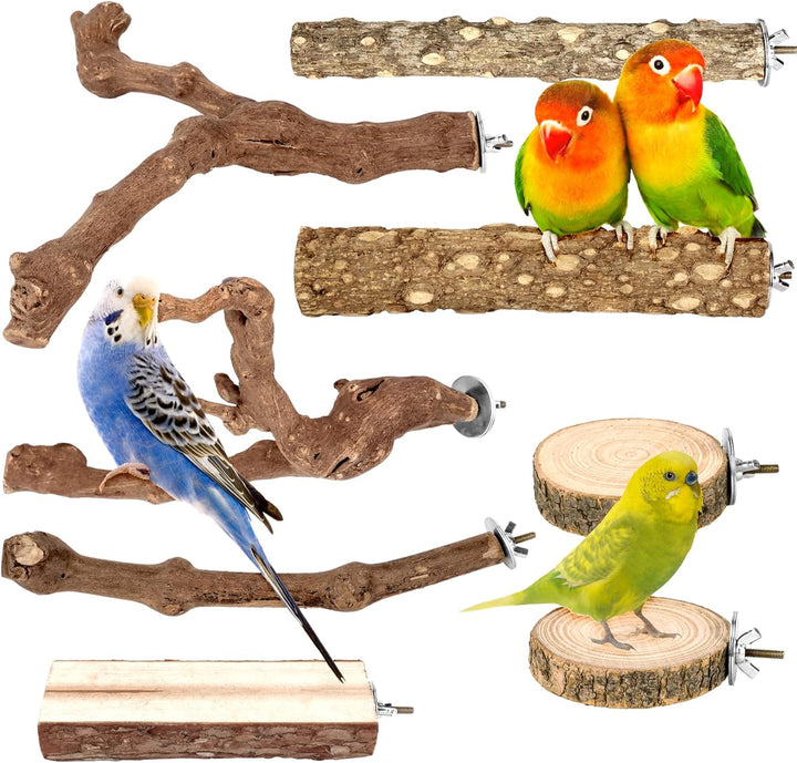 Natural Wood Bird Perches for Cage, Parrot Perch Stand & Platform, Bird Cage Accessories for Parakeets, Cockatiels, Conures, Lovebirds (Brown, Core Perch & Platform - 8PCS)