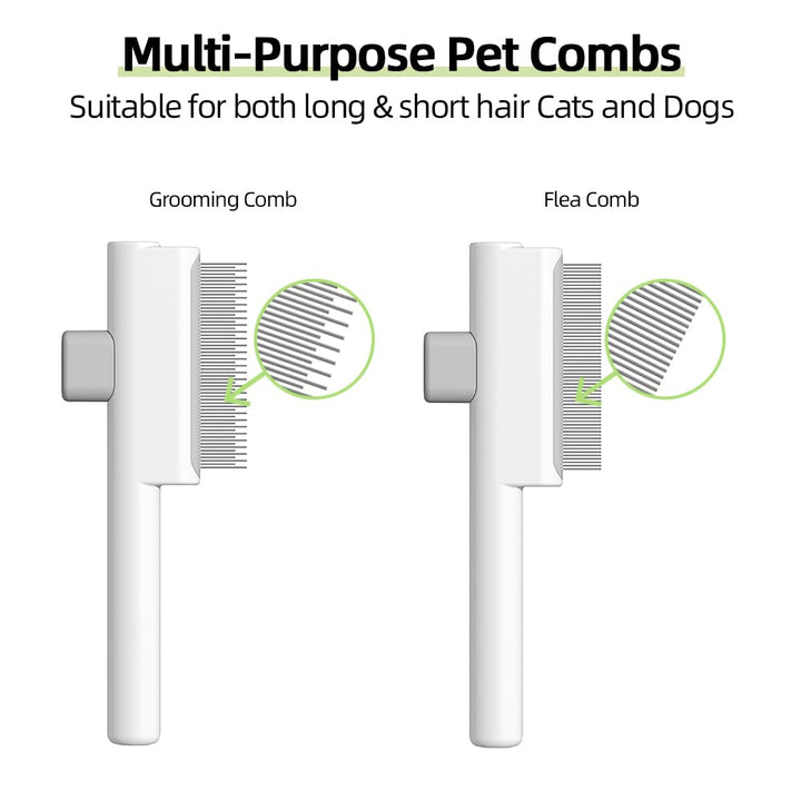 2Pcs Pet Comb Flea Comb Set for Cats Dogs, Cat Grooming Brush with Release Button and Stainless Steel round Teeth, Self-Cleaning Dog Combs for Removing Pet Hair, Knots & Loose Fur, White