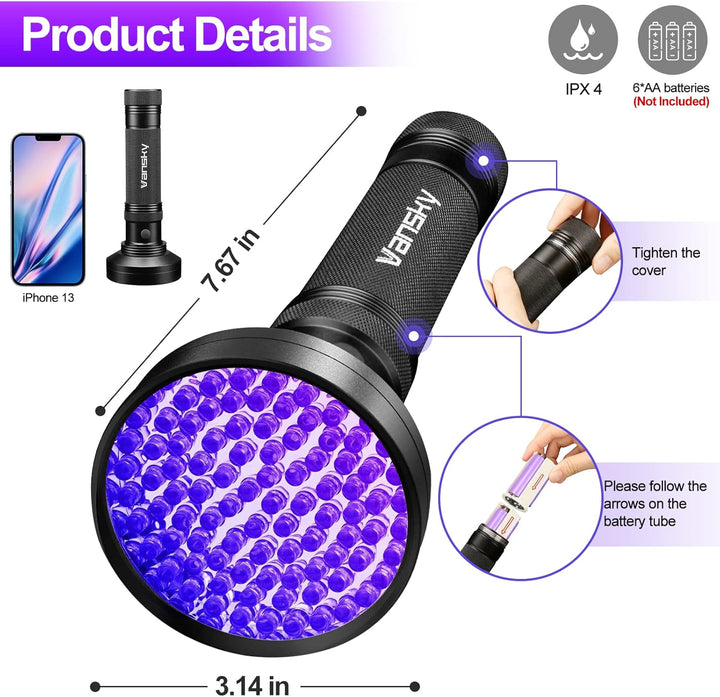 Black Light UV Flashlights, Ultra Bright 100 LED 395Nm Ultraviolet Blacklight Detector for Dog Cat Pet Urine, Dry Stains and Bed Bug, Matching with Pet Odor Eliminator