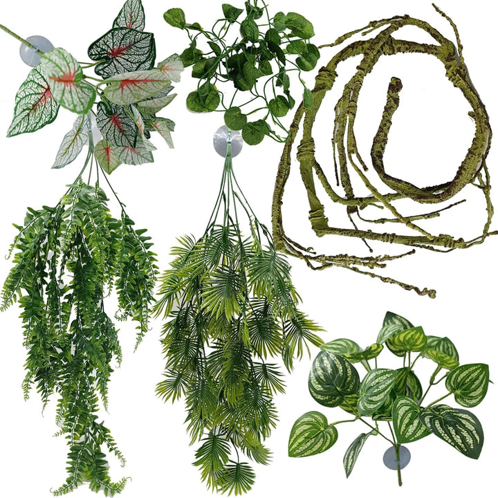 Reptile Plants for Bearded Dragon Tank Accessories, Terrarium Plant Artificial Decor for Snake Cage, Fake Plant for Leopard Gecko Habitat, Lizard Chameleon Ball Pythons (Group BN)