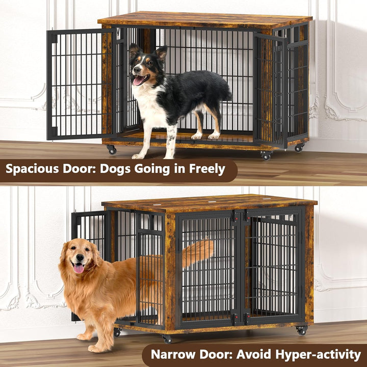 90% Pre-Assembled 41" Moveable XL Dog Crate, Large Dog Crate Furniture with Top-Access Teasing/Feeding Doors, Chew-Resistant Dog Kennel Indoor Furniture for Medium and Large Dogs