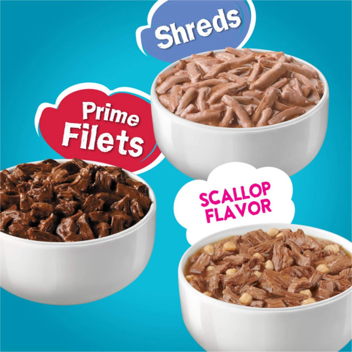 Purina  Wet Cat Food Variety Pack Fish-A-Licious Extra Gravy, Prime Filets and Tasty Treasures - (Pack of 32) 5.5 Oz. Cans