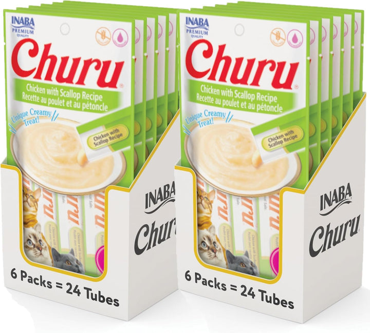 Churu Cat Treats, Grain-Free, Lickable, Squeezable Creamy Purée Cat Treat/Topper with Vitamin E & Taurine, 0.5 Ounces Each Tube, 4 Tubes, Tuna with Salmon Recipe
