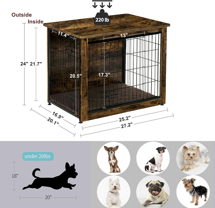 Dog Crate Furniture with Cushion, Wooden Kennel Table with Double Doors, Indoor Dog House, Small/Medium/Large/Extra Large Size, 27.2" L, Rustic Brown