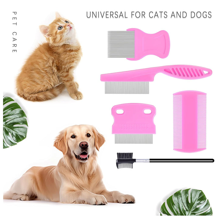 5 Pack Flea Lice Comb,Stainless Steel Dog Cat Grooming Combs with Rounded Teeth,Double-Sided Tear Stain Remover,Dematting Comb for Dogs Cats Ideal for All Types of Small, Medium, Large Pets (Pink)
