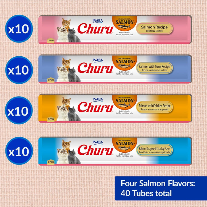 Salmon Churu Cat Treats, Lickable, Squeezable Creamy Purée Cat Treat with Green Tea Extract & Taurine, 0.5 Ounces Each Tube, 40 Tubes, Salmon Variety Box