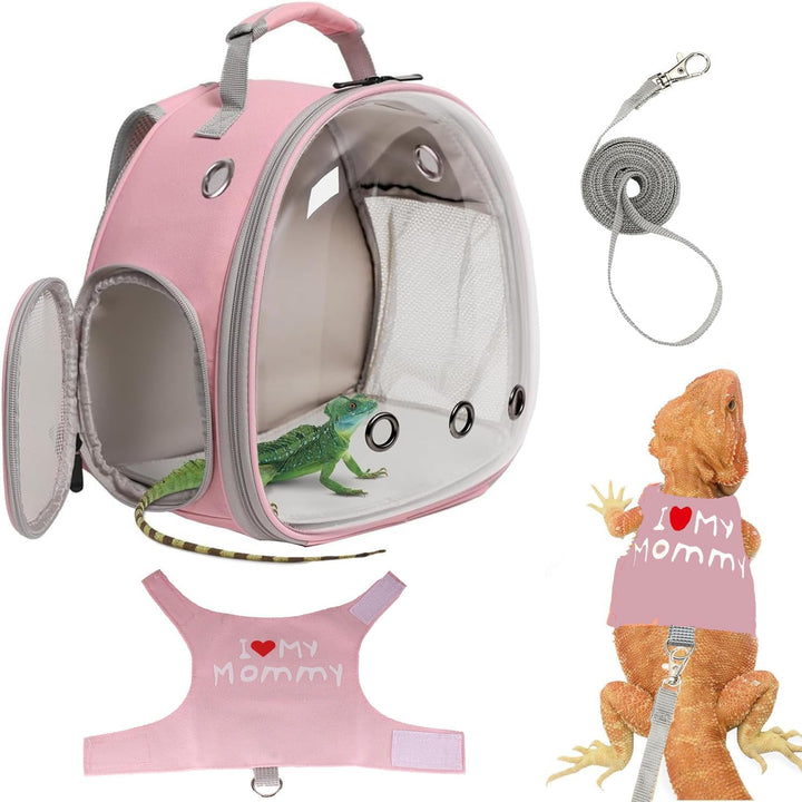 Bearded Dragon Carrier Backpack with Security Printing Harness Leash Set, Reptile Lizard Space Capsule Astronaut Clear Bubble Window Travel Carrier for Small Animal Guinea Pig(Black, Security Harness)