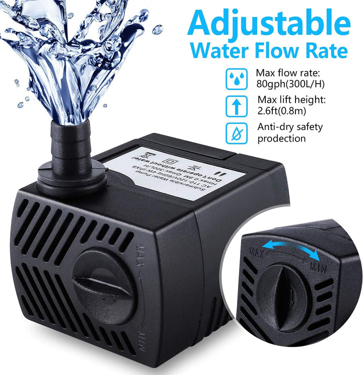 Fountain Pump, 80GPH(4W 300L/H) Submersible Water Pump, Durable Outdoor Fountain Water Pump with 4.9Ft Tubing (ID X 1/3-Inch), 3 Nozzles for Aquarium, Pond, Fish Tank, Water Pump Hydroponics