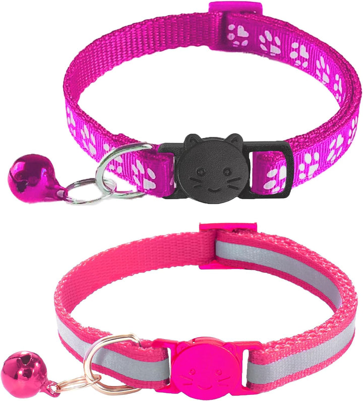 2 Pack Breakaway Cat Collars with Bells, Reflective Design and Claw Print Design, Safety Buckle Kitten Collars Adjustable from 7.5 to 12.5 Inches (Black)