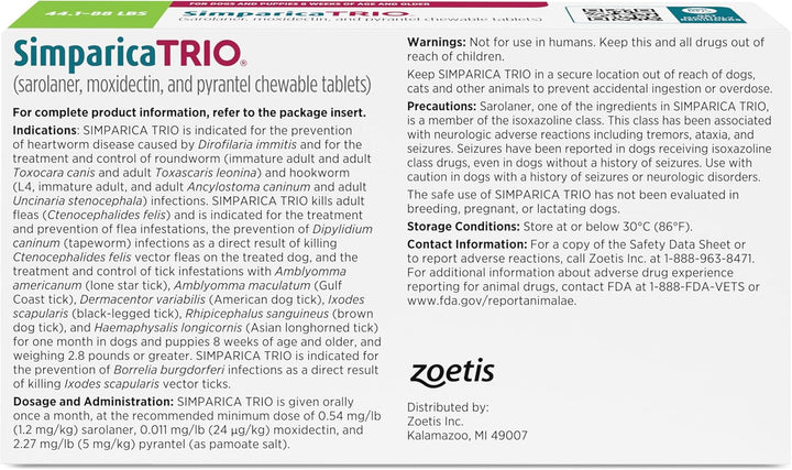 (Sarolaner, Moxidectin, and Pyrantel Chewable Tablets) Chewables for Dogs, 48 Mg/Tab, 44.1-88 Lbs, (Green), 6 Tablets