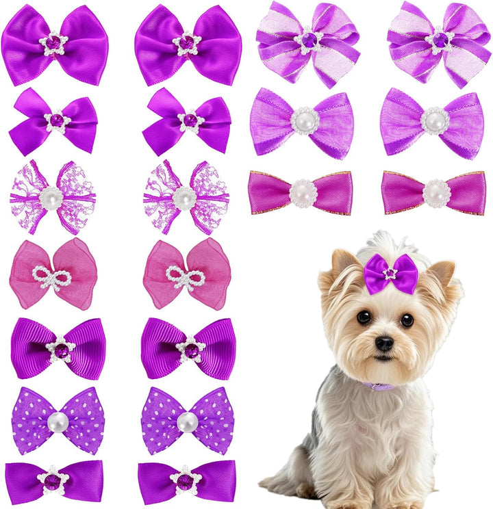 20 PCS Cute Dog Hair Bows with Rubber Bands Elastic Handmade Mix Style Lace Rhinestone Pearls for Furry Puppy Cat Pet Girl, Pink