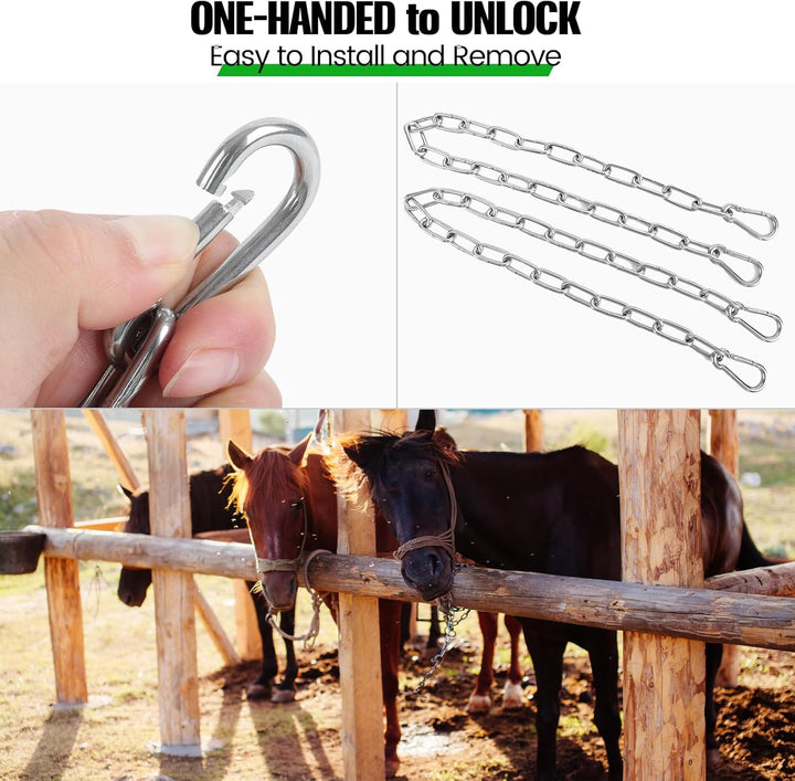 2 Pack Outdoor Gate Chain Lock with 4 Carabiners, Adjustable 5/32 X 28 Inch Security Gate Latch Chain, One Handed Operate Gate Chain for Fence Garden Yard Farm Barn, Silver