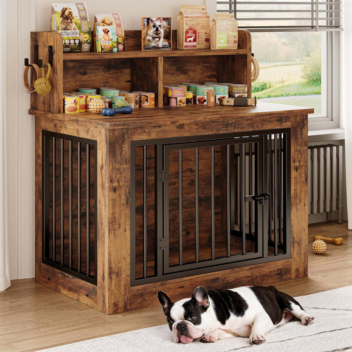 Extra Large Dog Crate Furniture, 43.3 Inches Wooden Dog Crate with Storage and 4 Hooks, Heavy Duty Pet Crate for Large Dog, Decorative Pet Cage for Indoor (30" L X 43.3" W X 41.1" H)