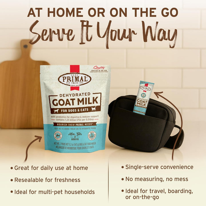 Primal Goat Milk Powder for Dogs and Cats, Shelf Stable Food Topper with Probiotics for Digestion, Hydration, and Immune Support, Original Recipe 5.2Oz Pouch (Pack of 2)