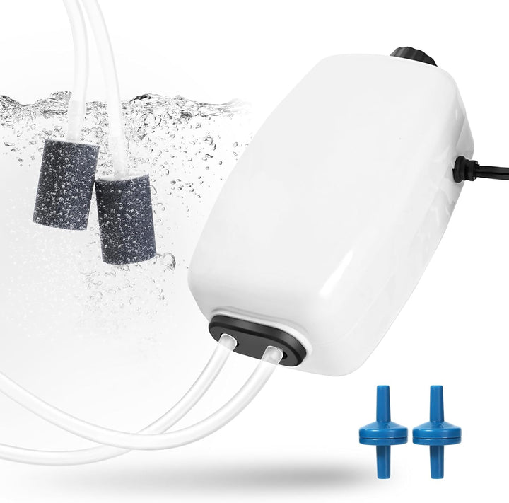 Aquarium Air Pump, Fish Tank Air Bubbler, Adjustable Dual-Outlet Hydroponic Oxygen Aerator with Air Stones, Airline Tubing, Check Valves