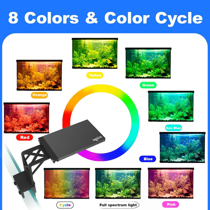 Clip on Aquarium Light for Plants-24/7 Cycle Fish Tank Light with Timer, Full Spectrum+7 Colors Mode, Auto On/Off, Adjustable Brightness and Height, 12W (7Inch for 7-12 Inch Tank)